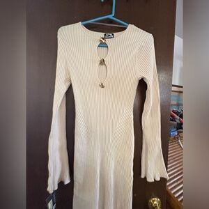 Ribbed Long-Sleeve Midi Dress with Keyhole Ring Detail - Cream future collective